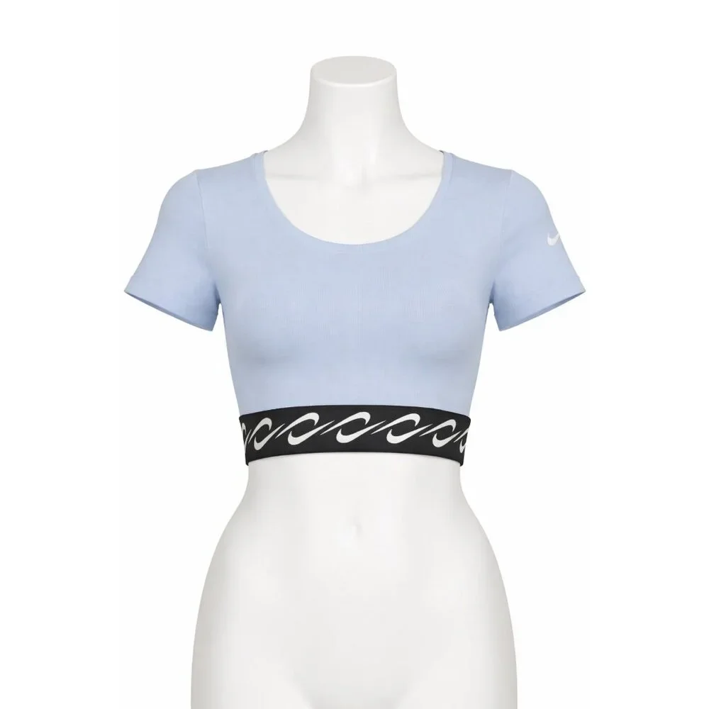 Nike Women's Light‎ Blue Short Sleeve Crop Top Logo Elastic Band XS